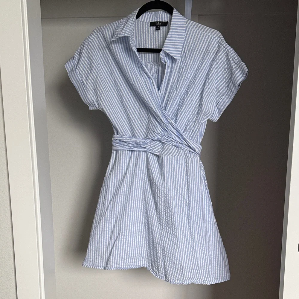 Lulu's M Light Blue Striped Wrap Dress - Picture 3 of 5